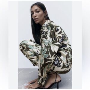 Zara Floral Wide-Leg Jumpsuit in Olive Green & Cream